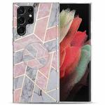 For Samsung Galaxy A42 5G IMD Marble TPU Phone Case with Folding Holder(Pink Grey)