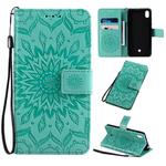 For LG K20 (2019) Pressed Printing Sunflower Pattern Horizontal Flip PU Leather Case with Holder & Card Slots & Wallet & Lanyard(Green)
