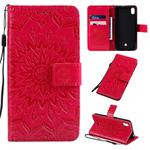 For LG K20 (2019) Pressed Printing Sunflower Pattern Horizontal Flip PU Leather Case with Holder & Card Slots & Wallet & Lanyard(Red)
