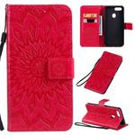 For OPPO A5 / A35 Pressed Printing Sunflower Pattern Horizontal Flip PU Leather Case with Holder & Card Slots & Wallet & Lanyard(Red)