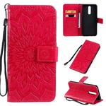 For OPPO F11 Pressed Printing Sunflower Pattern Horizontal Flip PU Leather Case with Holder & Card Slots & Wallet & Lanyard(Red)