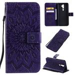 For OPPO A9 2020 / A5 2020 Pressed Printing Sunflower Pattern Horizontal Flip PU Leather Case with Holder & Card Slots & Wallet & Lanyard(Purple)