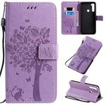For Xiaomi Redmi Note 8T Tree & Cat Pattern Pressed Printing Horizontal Flip PU Leather Case with Holder & Card Slots & Wallet & Lanyard(Light Purple)