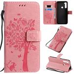 For Xiaomi Redmi Note 8T Tree & Cat Pattern Pressed Printing Horizontal Flip PU Leather Case with Holder & Card Slots & Wallet & Lanyard(Pink)