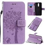 For Xiaomi Redmi 8 Tree & Cat Pattern Pressed Printing Horizontal Flip PU Leather Case with Holder & Card Slots & Wallet & Lanyard(Light Purple)
