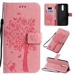 For Xiaomi Redmi 8 Tree & Cat Pattern Pressed Printing Horizontal Flip PU Leather Case with Holder & Card Slots & Wallet & Lanyard(Pink)