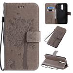For Xiaomi Redmi 8 Tree & Cat Pattern Pressed Printing Horizontal Flip PU Leather Case with Holder & Card Slots & Wallet & Lanyard(Grey)