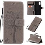 For Galaxy A51 Tree & Cat Pattern Pressed Printing Horizontal Flip PU Leather Case with Holder & Card Slots & Wallet & Lanyard(Grey)