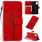 For Galaxy A51 Tree & Cat Pattern Pressed Printing Horizontal Flip PU Leather Case with Holder & Card Slots & Wallet & Lanyard(Red)