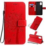 For Galaxy A71 Tree & Cat Pattern Pressed Printing Horizontal Flip PU Leather Case with Holder & Card Slots & Wallet & Lanyard(Red)