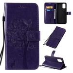 For Galaxy S20+ Tree & Cat Pattern Pressed Printing Horizontal Flip PU Leather Case with Holder & Card Slots & Wallet & Lanyard(Purple)