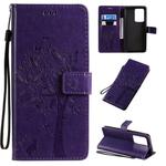 For Galaxy S20 Ultra Tree & Cat Pattern Pressed Printing Horizontal Flip PU Leather Case with Holder & Card Slots & Wallet & Lanyard(Purple)