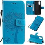 For Galaxy S20 Tree & Cat Pattern Pressed Printing Horizontal Flip PU Leather Case with Holder & Card Slots & Wallet & Lanyard(Blue)