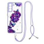 For Samsung Galaxy S22+ 5G Starry Sky Epoxy TPU Phone Case with Neck Lanyard(Purple Butterfly)