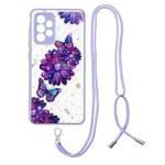 For Samsung Galaxy A73 5G Starry Sky Epoxy TPU Phone Case with Neck Lanyard(Purple Butterfly)