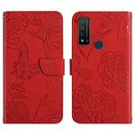 For TCL 20 R 5G Skin Feel Butterfly Peony Embossed Leather Phone Case(Red)