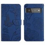 For Google Pixel 6 Pro Skin Feel Butterfly Peony Embossed Leather Phone Case(Blue)