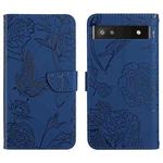 For Google Pixel 6a Skin Feel Butterfly Peony Embossed Leather Phone Case(Blue)