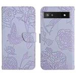 For Google Pixel 6a Skin Feel Butterfly Peony Embossed Leather Phone Case(Purple)