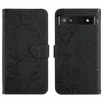 For Google Pixel 6a Skin Feel Butterfly Peony Embossed Leather Phone Case(Black)