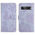 For Google Pixel 7 Pro 5G Skin Feel Butterfly Peony Embossed Leather Phone Case(Purple)