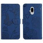 For Fujitsu Arrows F-52B Skin Feel Butterfly Peony Embossed Leather Phone Case(Blue)