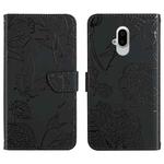 For Fujitsu Arrows F-52B Skin Feel Butterfly Peony Embossed Leather Phone Case(Black)