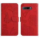 For Asus ROG Phone 3 ZS661KS Skin Feel Butterfly Peony Embossed Leather Phone Case(Red)