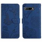 For Asus ROG Phone 3 ZS661KS Skin Feel Butterfly Peony Embossed Leather Phone Case(Blue)