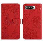 For Asus ROG Phone 5 ZS673KS Skin Feel Butterfly Peony Embossed Leather Phone Case(Red)