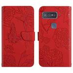 For Asus Smartphone for Snapdragon Insiders Skin Feel Butterfly Peony Embossed Leather Phone Case(Red)