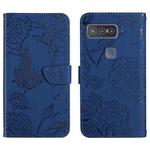 For Asus Smartphone for Snapdragon Insiders Skin Feel Butterfly Peony Embossed Leather Phone Case(Blue)