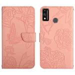 For Honor 9X Lite Skin Feel Butterfly Peony Embossed Leather Phone Case(Pink)
