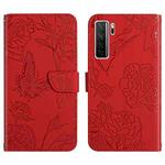For Huawei nova 7 SE Skin Feel Butterfly Peony Embossed Leather Phone Case(Red)