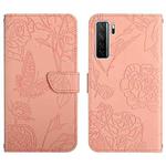 For Huawei nova 7 SE Skin Feel Butterfly Peony Embossed Leather Phone Case(Pink)