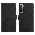 For Huawei nova 7 SE Skin Feel Butterfly Peony Embossed Leather Phone Case(Black)