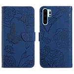 For Huawei P30 Pro Skin Feel Butterfly Peony Embossed Leather Phone Case(Blue)