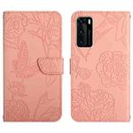 For Huawei P40 Skin Feel Butterfly Peony Embossed Leather Phone Case(Pink)