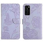 For Huawei P40 Skin Feel Butterfly Peony Embossed Leather Phone Case(Purple)