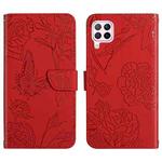 For Huawei P40 Lite Skin Feel Butterfly Peony Embossed Leather Phone Case(Red)