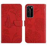 For Huawei P40 Pro Skin Feel Butterfly Peony Embossed Leather Phone Case(Red)