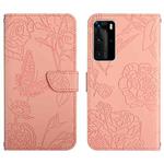 For Huawei P40 Pro Skin Feel Butterfly Peony Embossed Leather Phone Case(Pink)