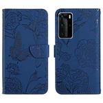 For Huawei P40 Pro Skin Feel Butterfly Peony Embossed Leather Phone Case(Blue)