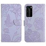 For Huawei P40 Pro Skin Feel Butterfly Peony Embossed Leather Phone Case(Purple)