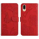 For Sharp Simple Sumaho 6 Skin Feel Butterfly Peony Embossed Leather Phone Case(Red)