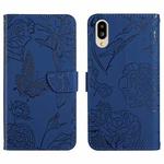 For Sharp Simple Sumaho 6 Skin Feel Butterfly Peony Embossed Leather Phone Case(Blue)