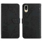 For Sharp Simple Sumaho 6 Skin Feel Butterfly Peony Embossed Leather Phone Case(Black)