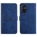 For OnePlus 9 Skin Feel Butterfly Peony Embossed Leather Phone Case(Blue)