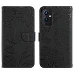 For OnePlus 9 Skin Feel Butterfly Peony Embossed Leather Phone Case(Black)