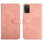 For Samsung Galaxy A03s 166mm Skin Feel Butterfly Peony Embossed Leather Phone Case(Pink)